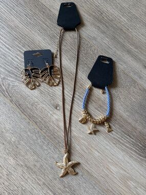 Marshalls Gold Starfish Necklace, Blue Cord Bracelet & Gold Leaf Earrings